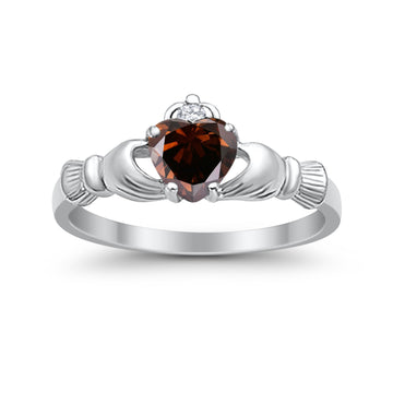 Heart Shape Simulated Champagne CZ Claddagh Wedding Ring 925 Sterling Silver